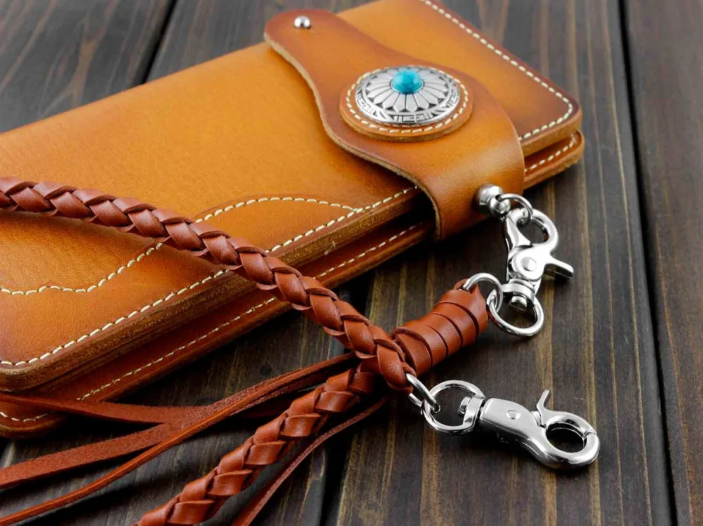 Мужской Бирюзовый кожаный Длинный кошелек Concho ручной работы с кожаной цепочкой