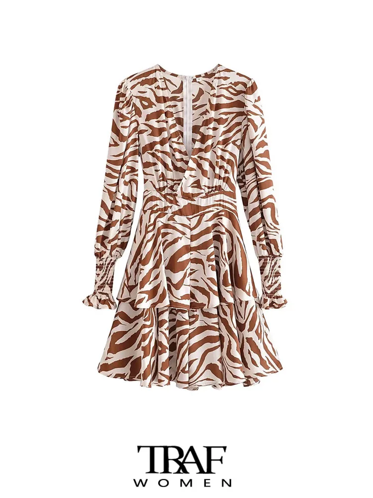 

TRAF Women Fashion With Ruffled Zebra Print Mini Dress Vintage Long Sleeve Back Zipper Female Dresses Vestidos Mujer