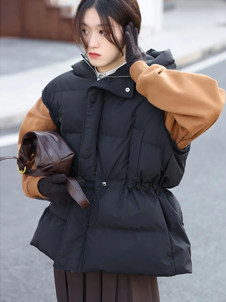 

Janveny Winter New Puffer Feather Sleeveless Hooded Vest Jacket Women 90% Duck Down Drawstring Fluffy Waistcoat Warm Gilet