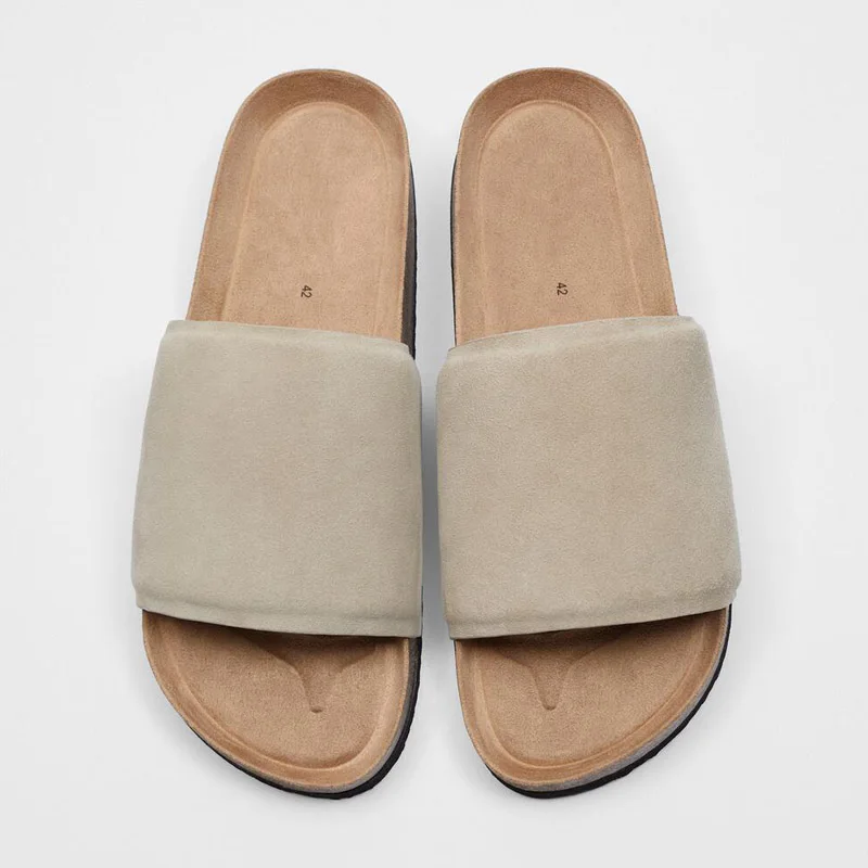 New Man Beige Nubuck Leather Suede Cowhide Sandals Slippers Leisure Men's Summer Holiday Concise Slippers Outdoor