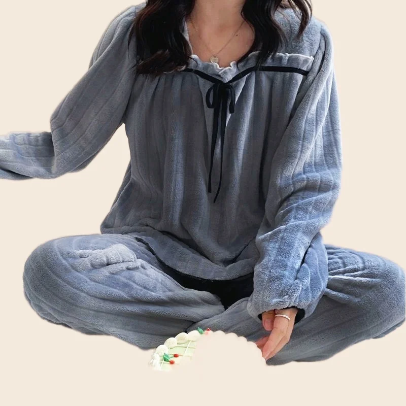 Flannel Pajamas Set Full Sleeve T-shirt Long Pants Winter Sweet Casual Pyjama Big Size Homewear Cozy Plus Bow Pink Sleepwear