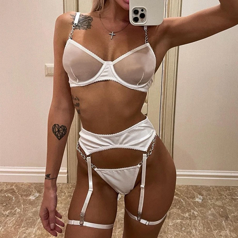 

White Lingerie Set Women Satin Silk Intimate Sensual Erotic Costume See Through Bra Panty 3 Piece Metal Chain Lenceria Underwear