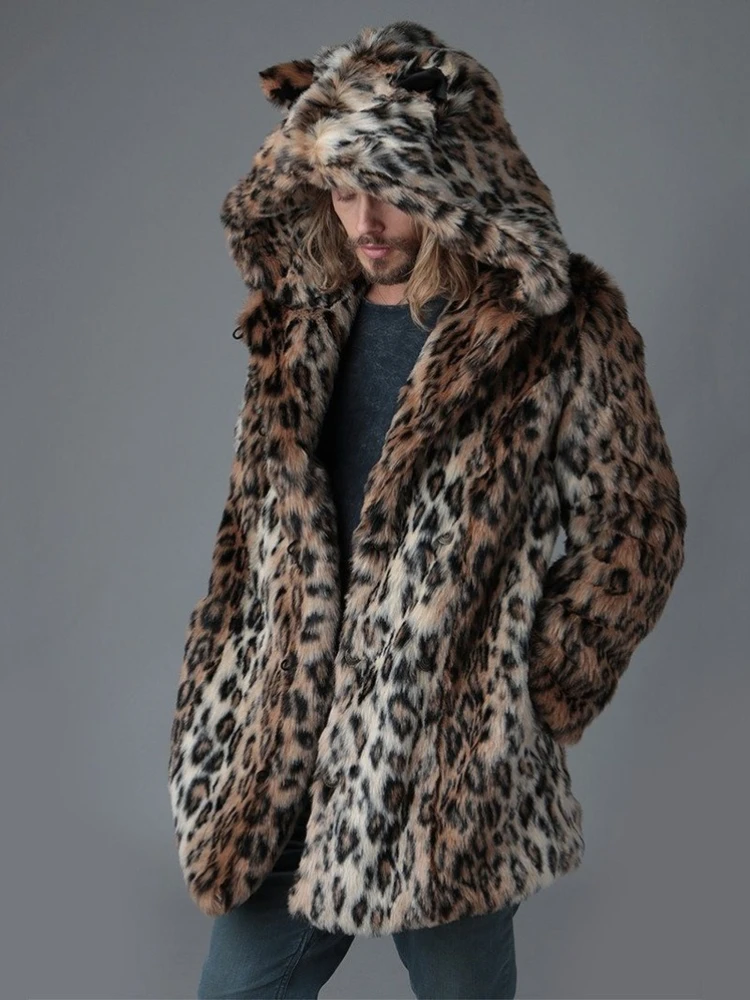 

Мужское зимнее пальто из искусственного меха, Толстая теплая верхняя одежда с длинным рукавом и капюшоном с ушками тигра, роскошная Меховая куртка, модные мужские куртки с леопардовым принтом