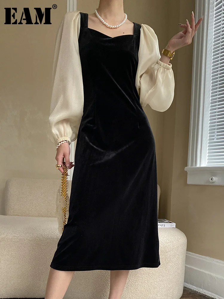 

[EAM] Women Black Color-block Velvet Long Elegant Dress New Square Collar puff Sleeve Fashion Tide Spring Autumn 2023 1DF4143
