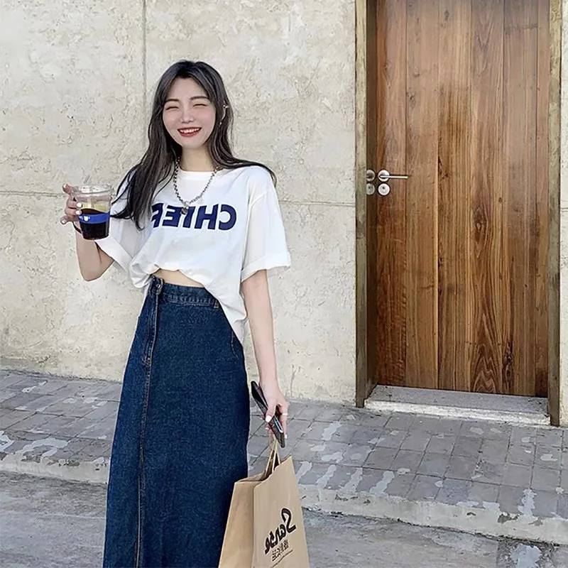 

[High Quality] Women's Long blue skirt denim side me long skirt skirt pants can be worn for all seasons