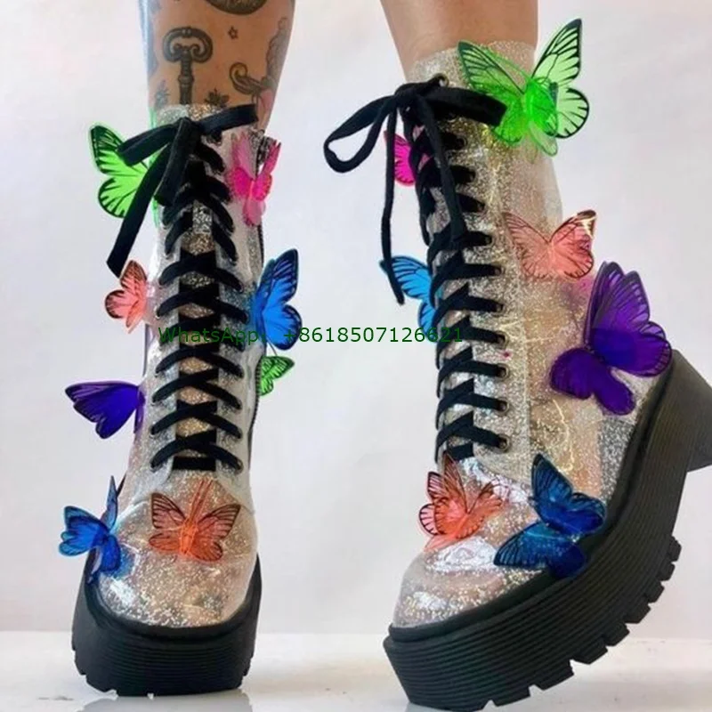 Silver Platform Butterfly Boots Side Zipper Cross Strap Calf Boots Round Toe Personality Fashion Shoes