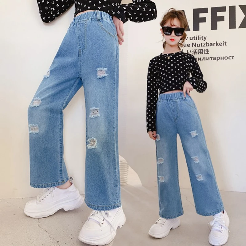 

Girls Jeans Kids Ripped Hole Loose Jeans Elastic Waist Trousers Children Clothes Spring Autumn Teen Girl Denim Wide Leg Pants