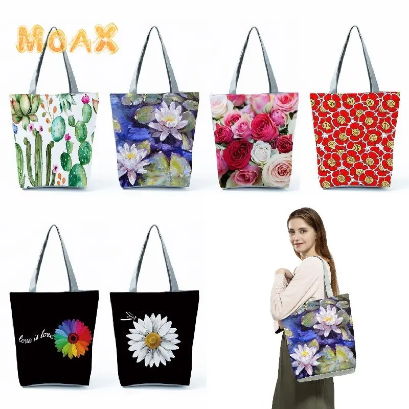

Botanical Flower Print Women Shoulder Bag Portable Large Capacity Ladies Reusable Shopping Bag School Teacher Gift Eco Handbags