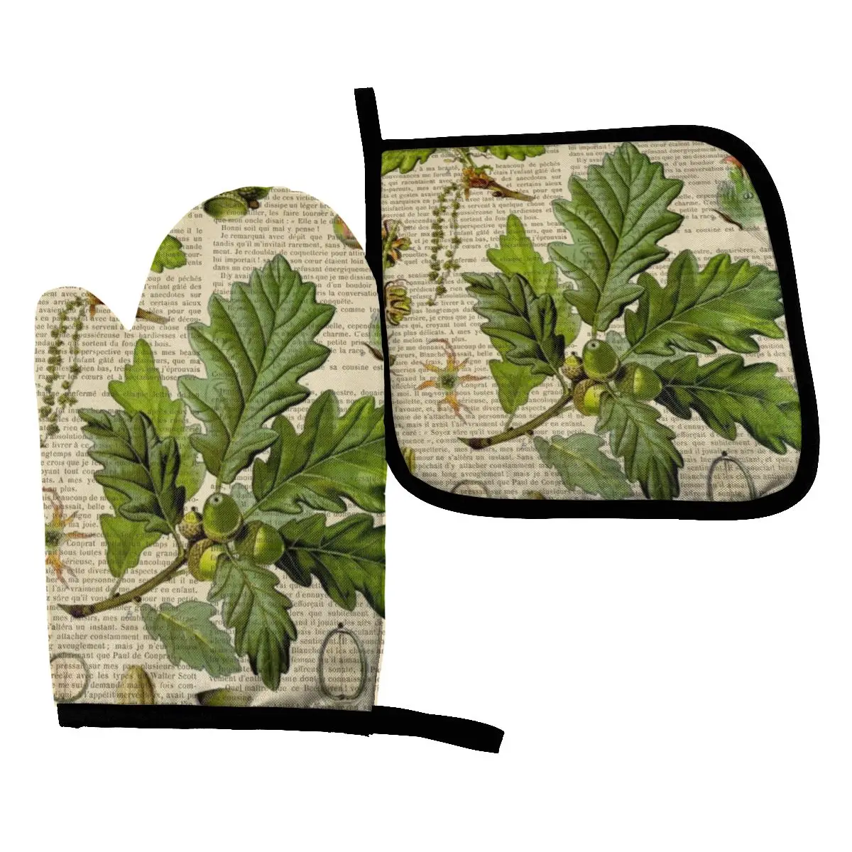

Botanical Print On Old Book Page Oak Oven Mitts Potholder Baking Oven Kitchen Cooking Gloves Microwave Insulation Pad Polyester