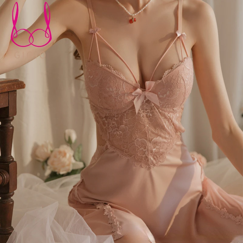 

GIOIO Erotic Seamless Patchwork Bowknot Lingerie Sexy Women Slutty Floral Lace Backless Transparent Slim Sling Sleepwear 2022