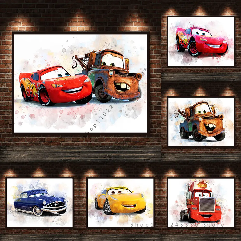 

Disney Cars Watercolor Poster And Print Lightning McQueen Comic Canvas Painting Racing Wall Art Supercar Mural Kids Room Decor