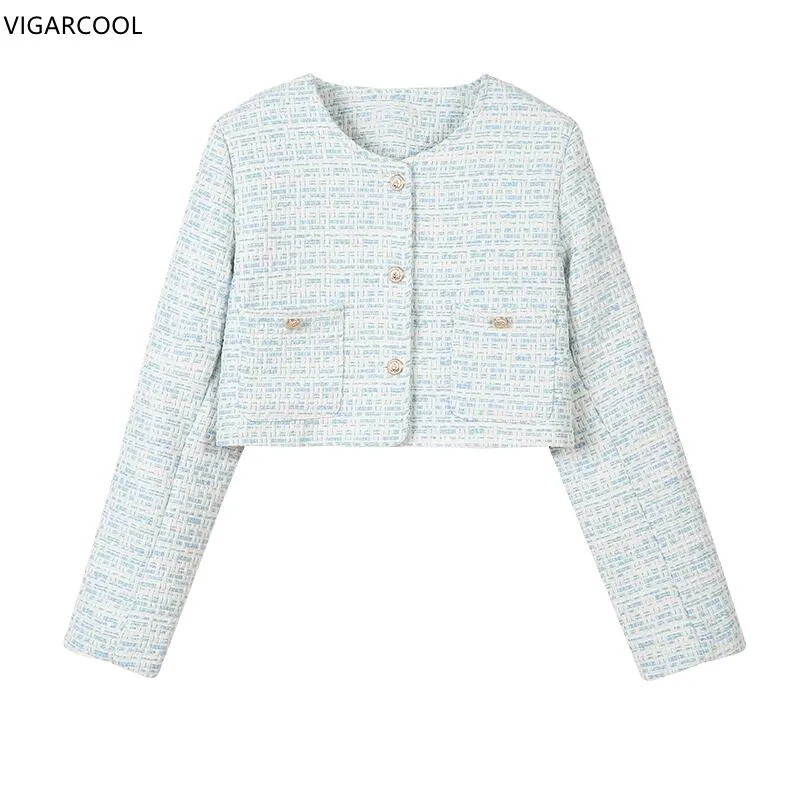 

Женское твидовое пальто с круглым вырезом, Маленькое синее пальто с цветочным принтом, Кардиган большого размера, весна-осень 2023