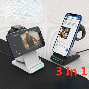 3 In 1 Magnetic Wireless Charger Stand 30W Qi Fast Charging Dock for Apple Watch iWatch 7 AirPods Pro For iPhone Samsung Xiaomi