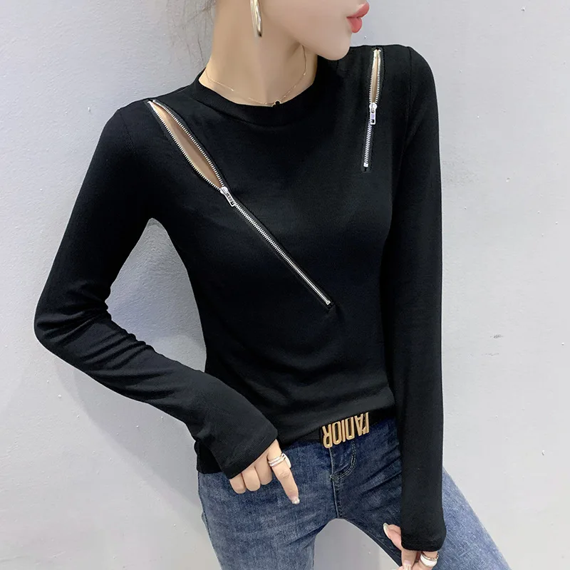 

2022 Spring Sexy Slim Off-the-shoulder Bottoming Shirt Zipper Round Neck Long-sleeved T-shirt Women's Design Top