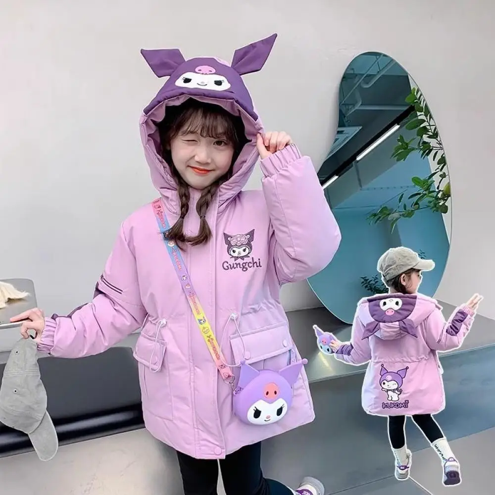 Kawaii зимние Kuromi детские длинные пуховики аниме Sanrio фиолетовая куртка для девочек