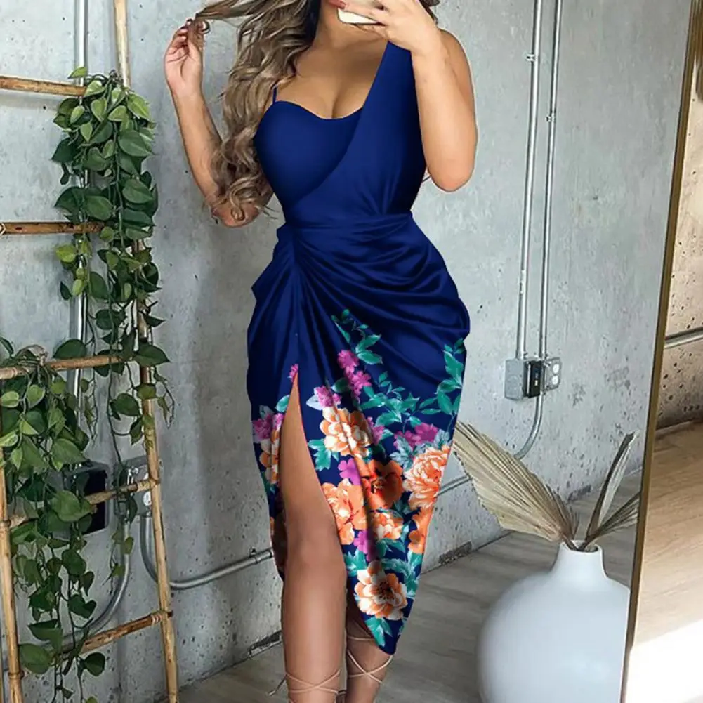 

Formal Dress Floral Print Pleated Summer Slit Hip Wrap Dress for Cocktail Party 2022