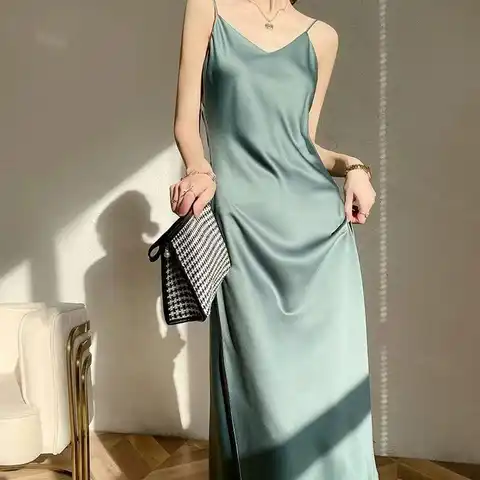 French Style Acetate Satin Sexy Suspender Dresses Women Mid-length Summer Lining Solid Color Bottoming Dress 2023 New Quality