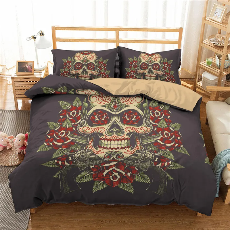 Comforter Cover With Pillow Sham Gothic Skull Duvet Cover Set Queen Cow Skull 3D Print Bedding Set Microfiber Skeleton Floral images - 6