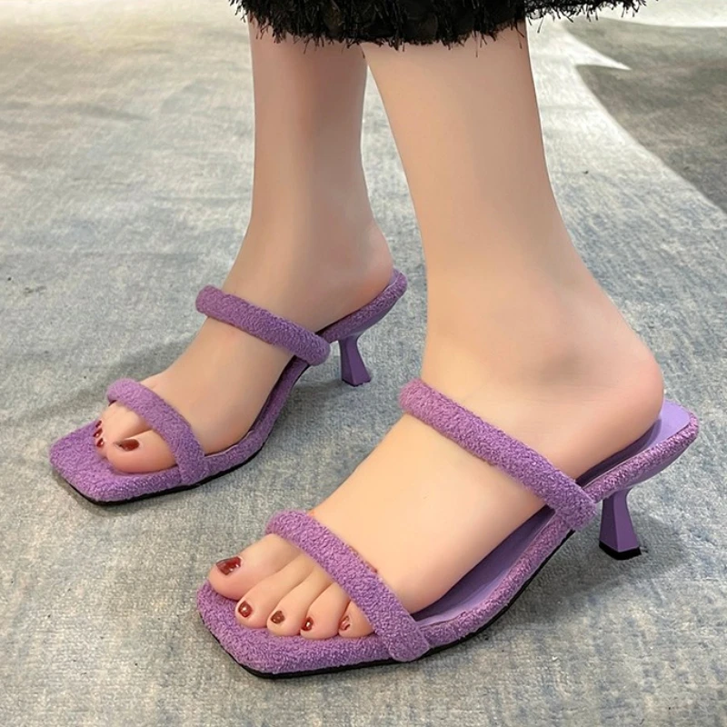 

2023 New Shoes for Women Open Toe Women's Slippers Summer Square Toe Slingbacks Solid Shoes Female Stilettos or Thin Heels