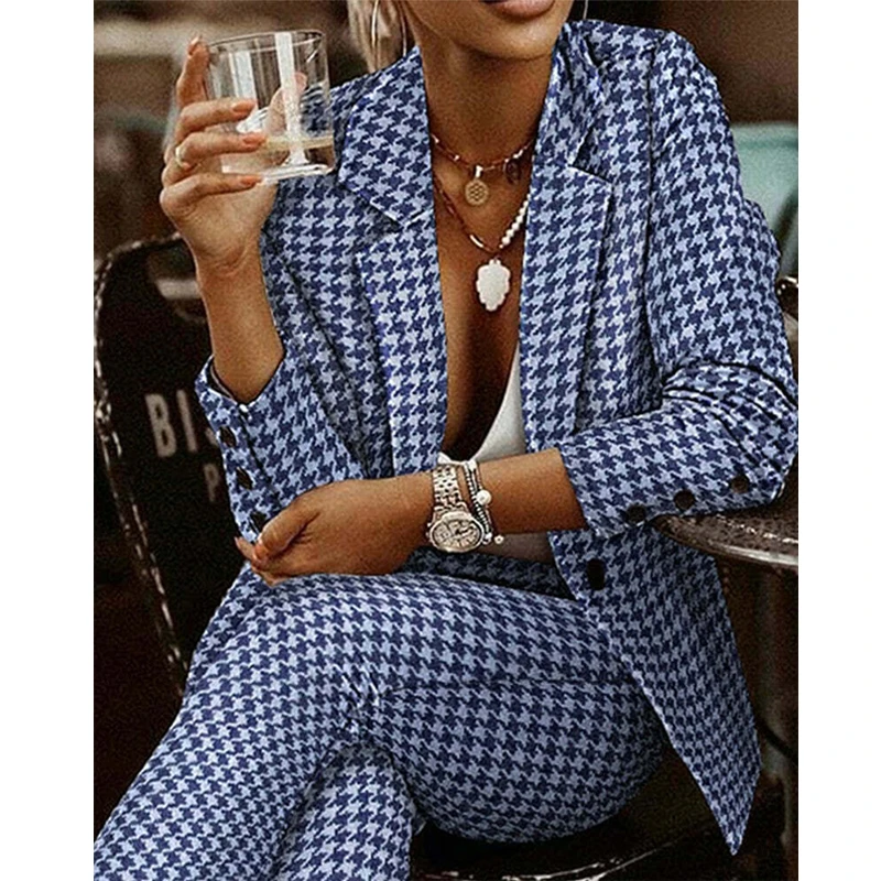 Women's Suit Houndstooth Pants Suit 2 Piece Formal Business Professional Wear Jacket Trousers Women giacca donna primavera