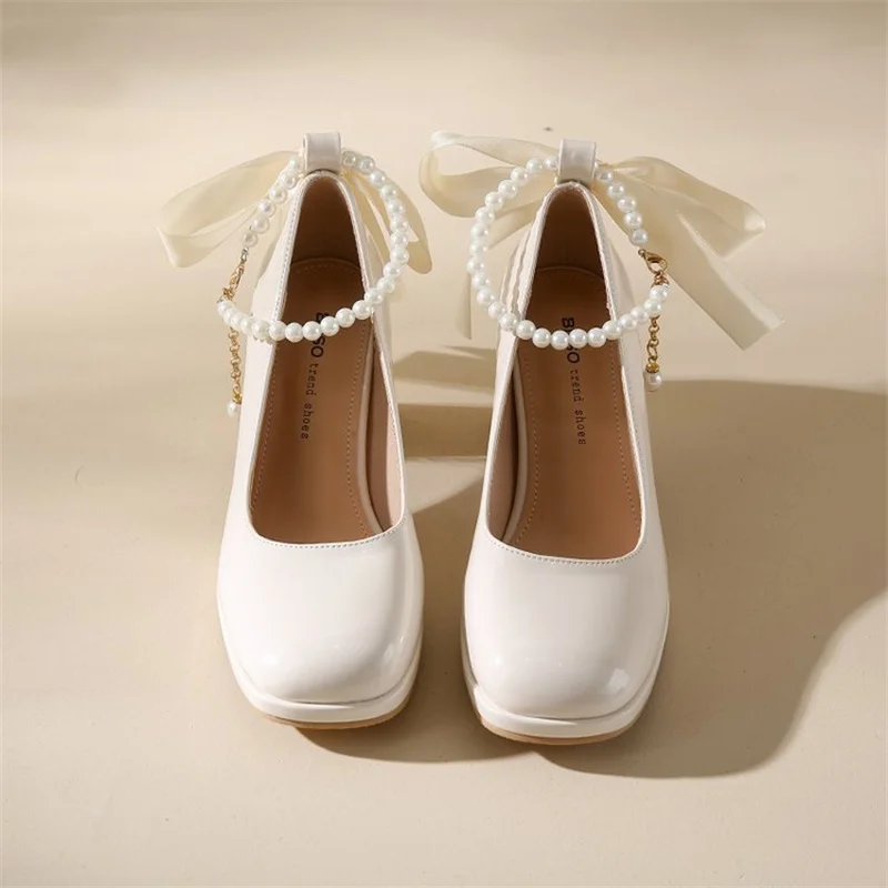 Ladies High Heels Elegant Bow Square Toe Black Fashion Women's Pumps Thick Heel Wedding Party Pearl Lace Wedding Shoes for Women