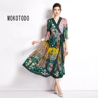 2022summer women midcalf dress for women elegant chiffon casual sexy flare sleeve party floral v neck elegant fashion polyester