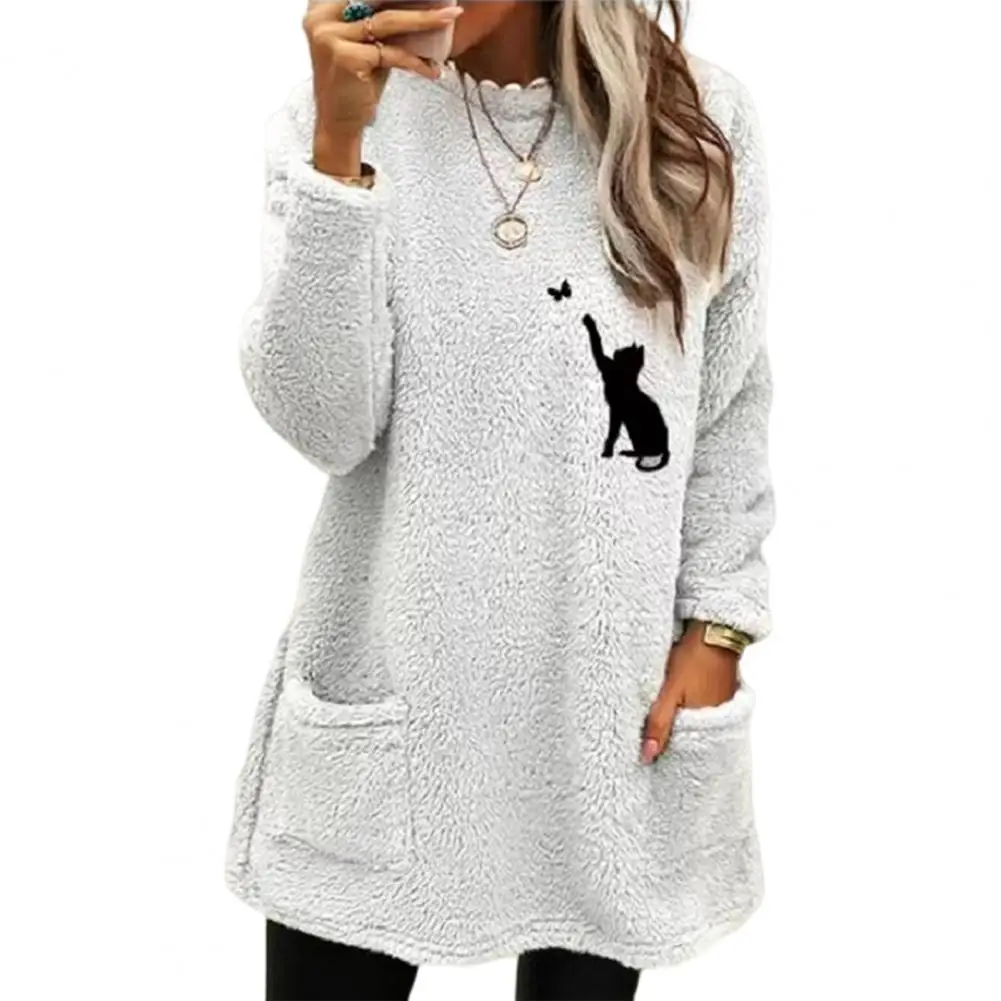 

Модный пуловер, толстый зимний свитшот с карманами и вышивкой, двусторонний плюшевый пуловер с принтом кошки, ветрозащитный Свитшот