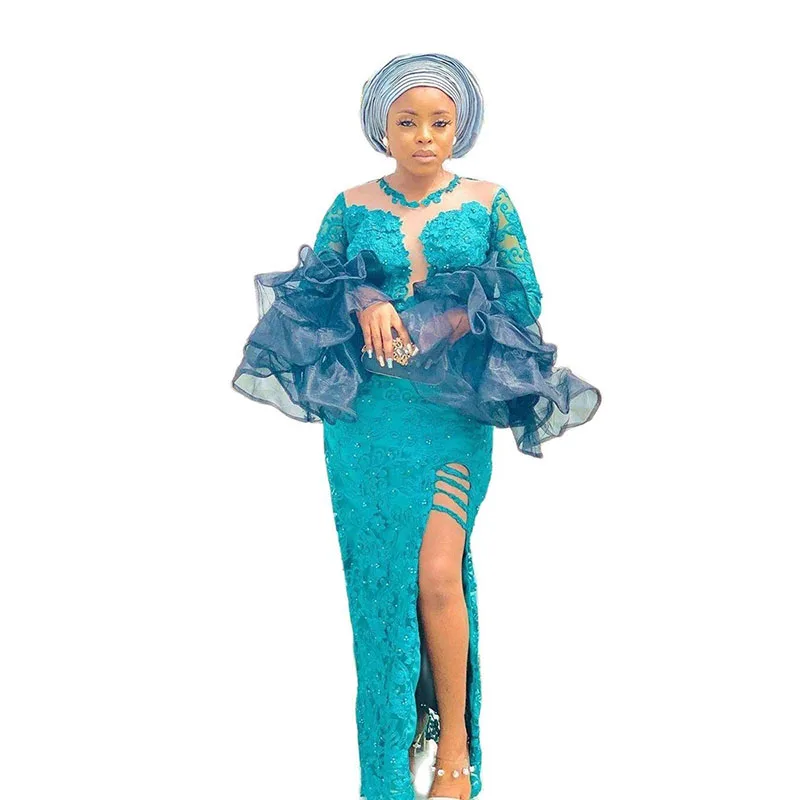 

Aso Ebi кружевное платье для выпускного вечера, сексуальное платье с высоким разрезом, длинными рукавами и оборками, вечернее платье, Африканское официальное платье 2022