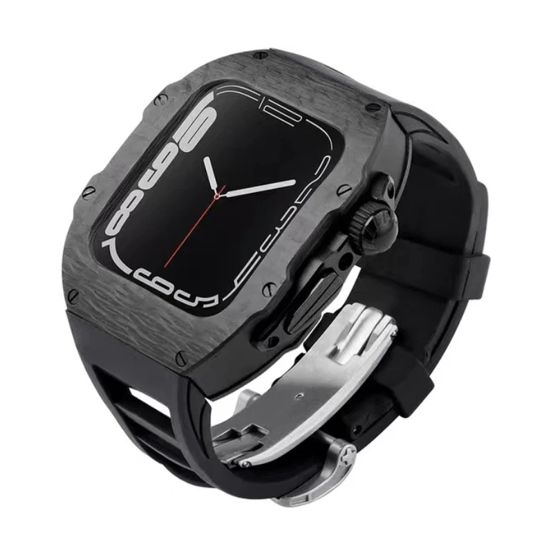 Carbon fiber modified case For Apple watch Ultra 49mm 8 7 45mm High-end case with fluorine rubber strap For iwatch 6 5 4 SE 44mm