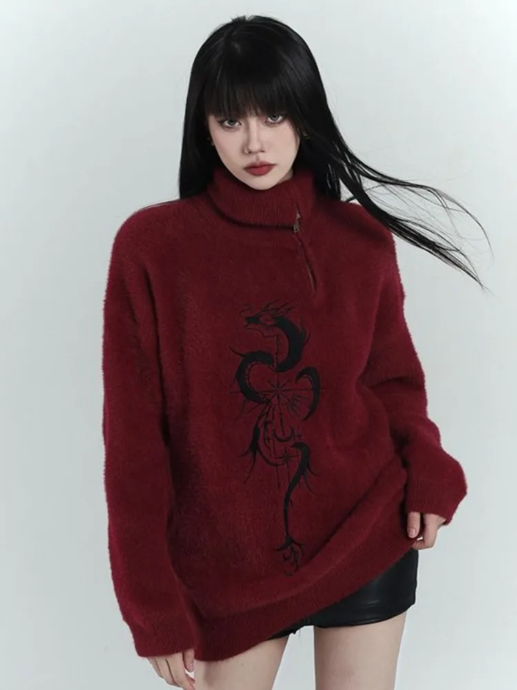 Женский свободный свитер на молнии красный Повседневный пуловер с винтажным