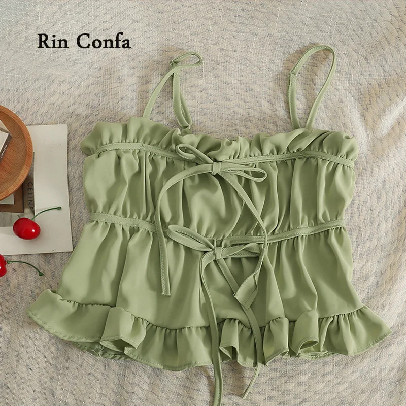 

Rin Confa Summer Pure Colour Sexy Wrinkle Small Sling New Style Frenulum Bowknot Top Women Fashion All-Macth Short Top