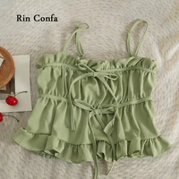 rin confa summer pure colour sexy wrinkle small sling new style frenulum bowknot top women fashion all macth short top