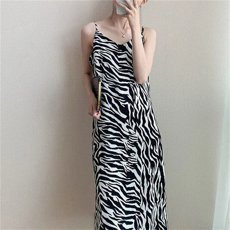 

Summer Sexy Zebra Stripes Backless Beach Women Dress Black Side Split Maxi Slip Dresses Female 2022 Elegant Ladies Long Robe