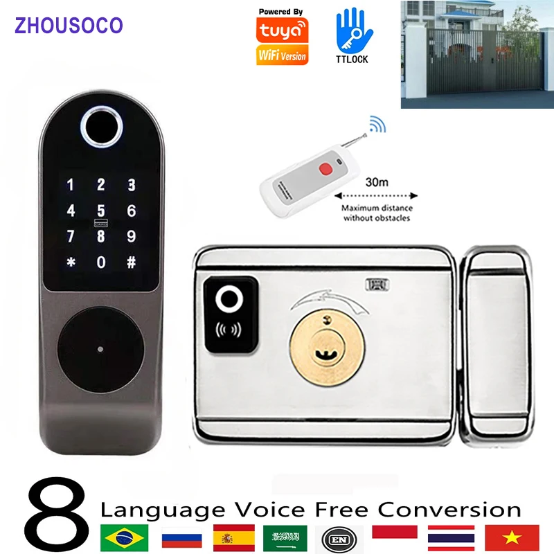 

Waterproof Smart Door Lock Tuya Wifi TTlock App Fingerprint Passcode Rfid Card Key Remote Control Outdoor Electronic Door Lock