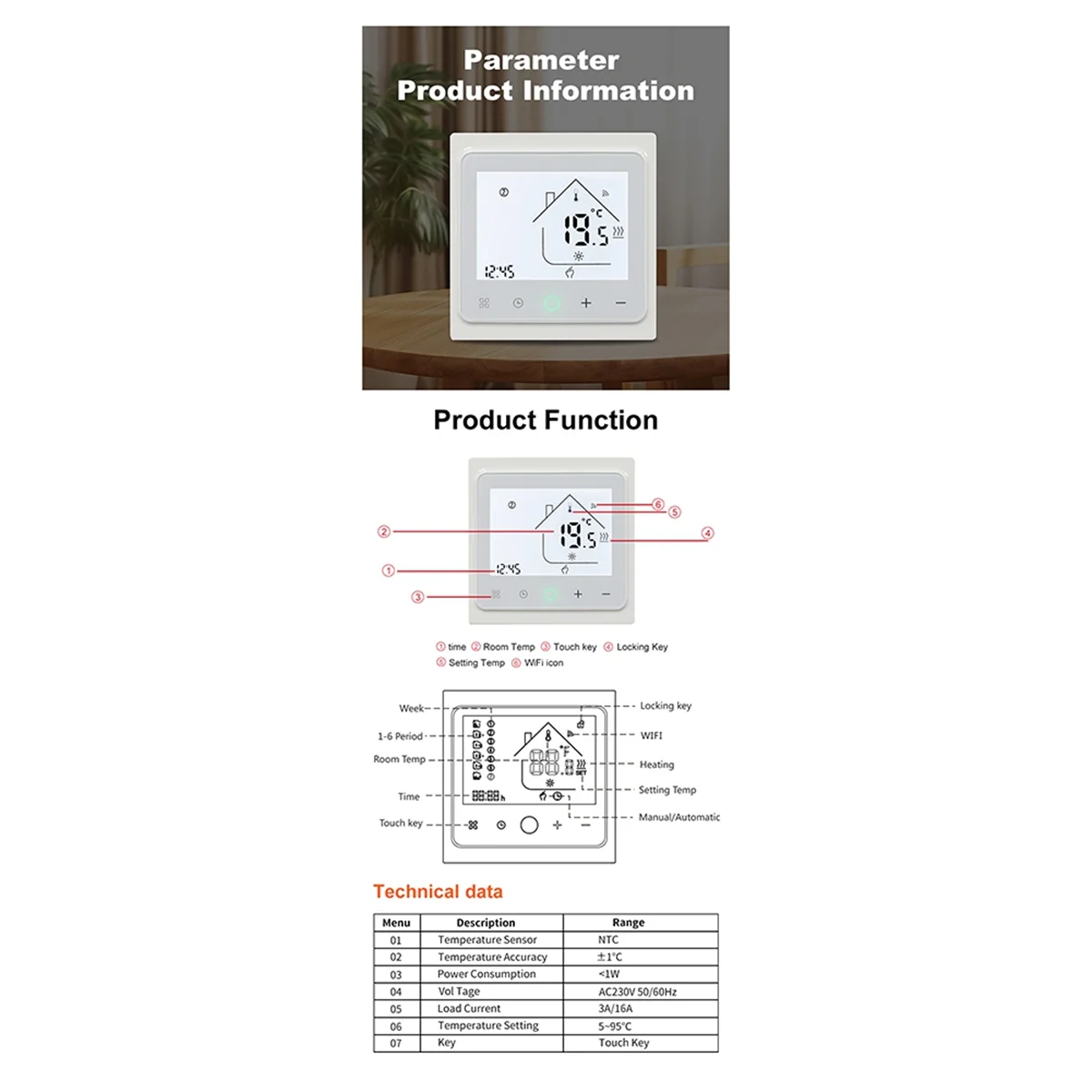 Смарт-термостат Tuya для теплого пола 16 А Wi-Fi