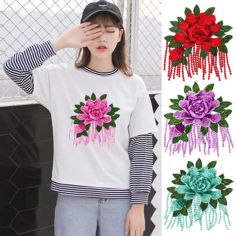 

Embroidered Applique 3D Peony Flowers Leaves Patches Tassel Fabric Flower Sew on Patch for Wedding Dress T-Shirt DIY Decoration