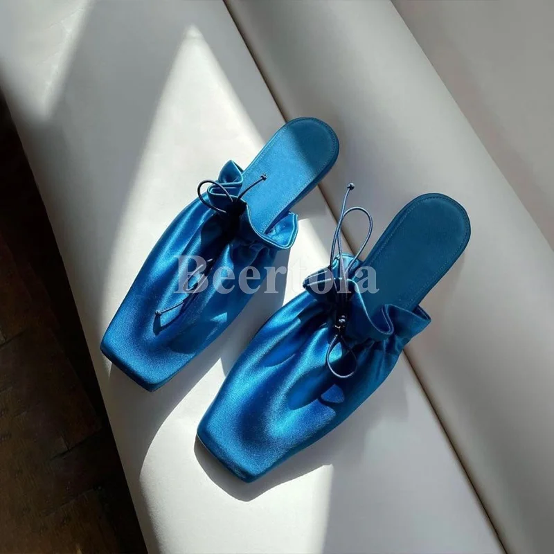 

Шлепанцы женские в ретро стиле, шелковые Сатиновые тапочки, овечья кожа, закрытый носок, бант, плоская подошва, летняя обувь в римском стиле