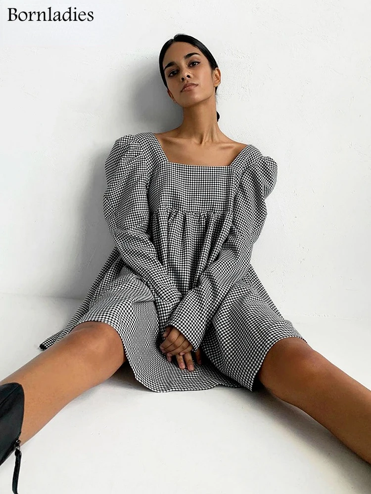 

Bornladies, черно-белое клетчатое женское осеннее повседневное мини-платье с пышными рукавами и квадратным вырезом, элегантные женские винтажны...