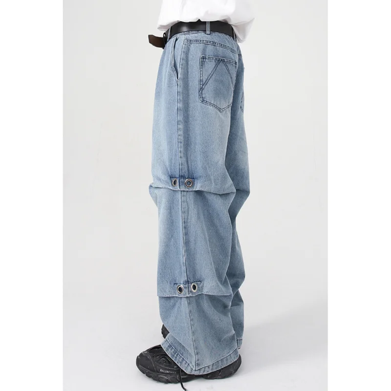 Men Clothing New Sense of Design Pattern Recreational Vintage Blue Jeans  Loose Street Straight Cylinder Trousers Autumn Female