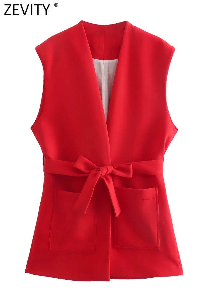 

Zevity Women Fashion Sleeveless Belt Red Vest Jacket Office Ladies Double Pockets Suits Waistcoat Casual Slim Outwear Tops CT558