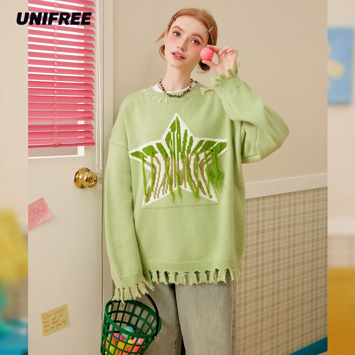 

UNIFREE Tassels Hole Green Sweaters Women Hotsweet Loose O-neck Knitted Pullovers Winter Warm Harajuku Warm Sweater