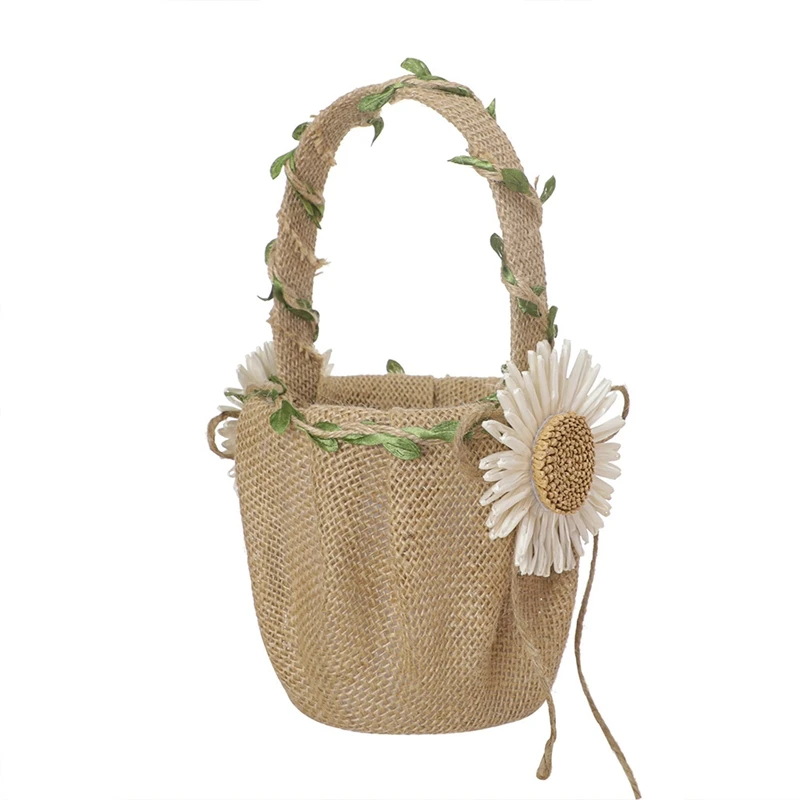 

Wedding Flower Girl Basket With Sunflower,Burlap Flower Basket Rustic Wedding Basket,Wedding Ceremony Party Decoration