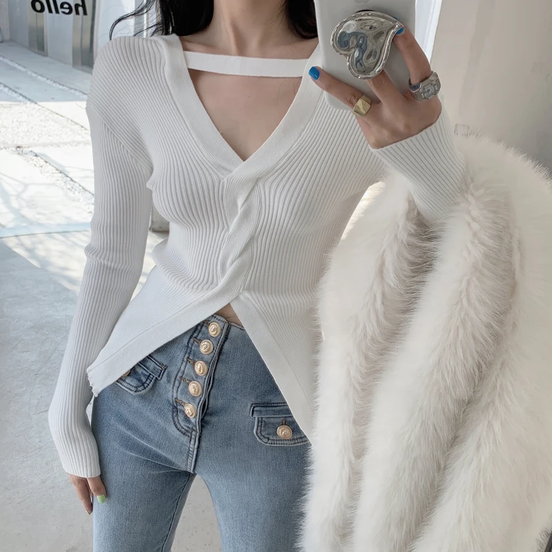 

Chic Long-sleeved Cross-knotted Slit Crop Top V-neck Knit Slim Sweater Pullover 2022 Spring and Autumn New Clothing Women