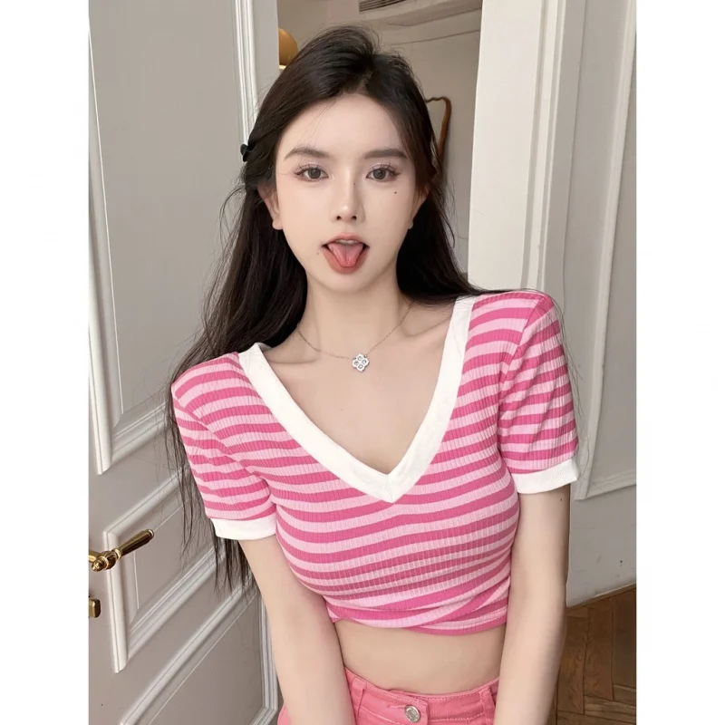 

6 colors V-neck short striped knitted short-sleeved t-shirt top women
