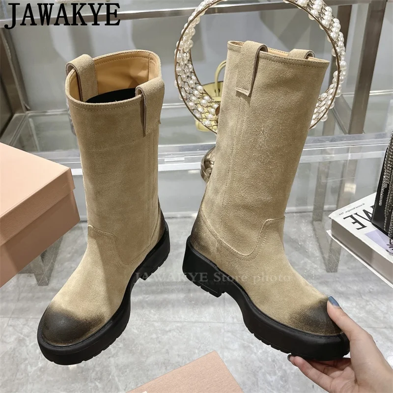 Замшевые Кожаные Сапоги до колена с круглым носком на толстой подошве женские