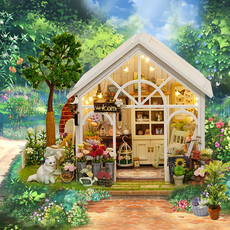 Фото DIY Wooden Sunshine Greenhouse Cottage Figurines Miniatures Kits Assembled Houses Casa Friends Birthday Gifts Home Decor Crafts №1