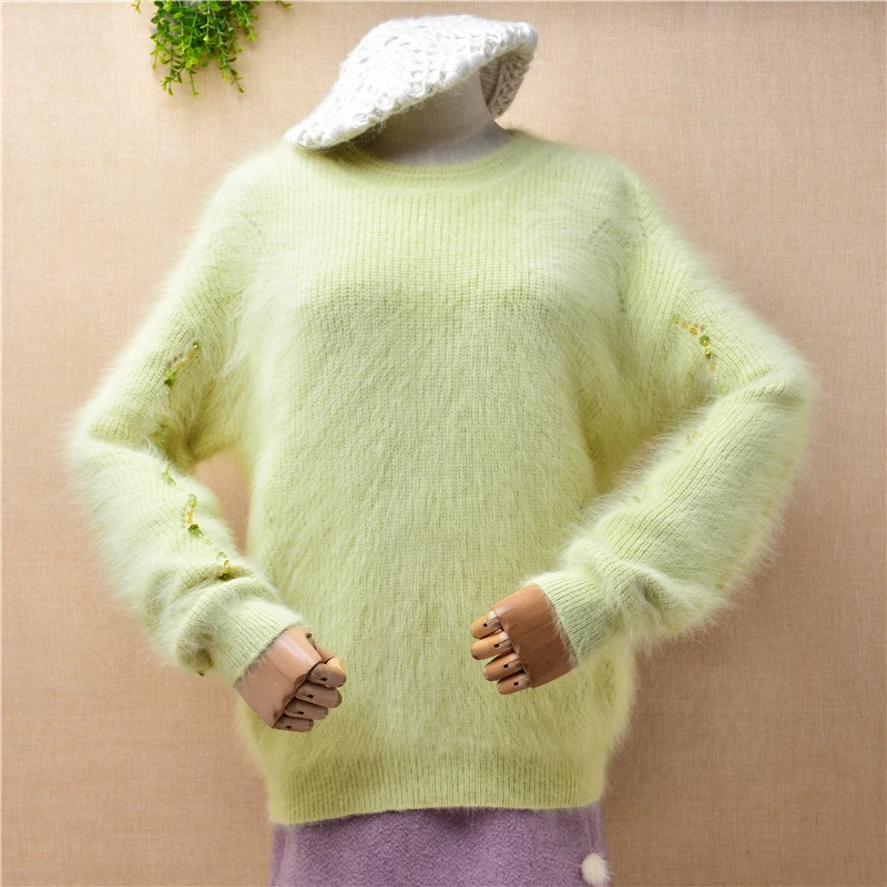 

female women autumn winter green beading hairy mink cashmere knitted long sleeve o-neck loose pullover angora fur jumper sweater