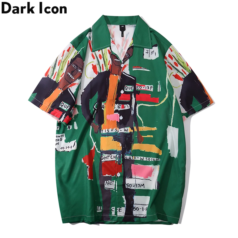 

Dark Icon Green Graffiti Hawaiian Shirt Street Fashion Polo Shirt Male Top