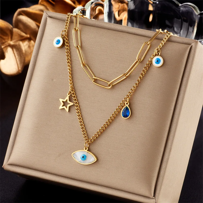 

316L Stainless Steel New Vintage Blue Eyes Double Layer Chain Statement Necklace For Women Men Punk Party Gift Bijoux Wholesale