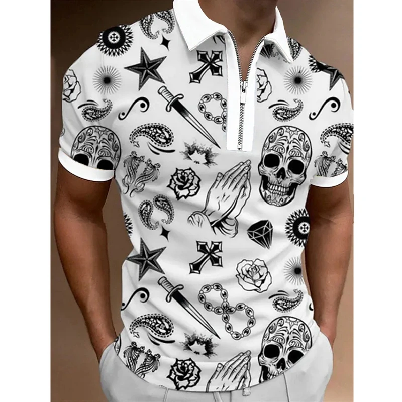 

Casual primavera e verão masculina camisa polo de manga curta zip t-camisa masculina costura geométrica impresso topo rua golfe